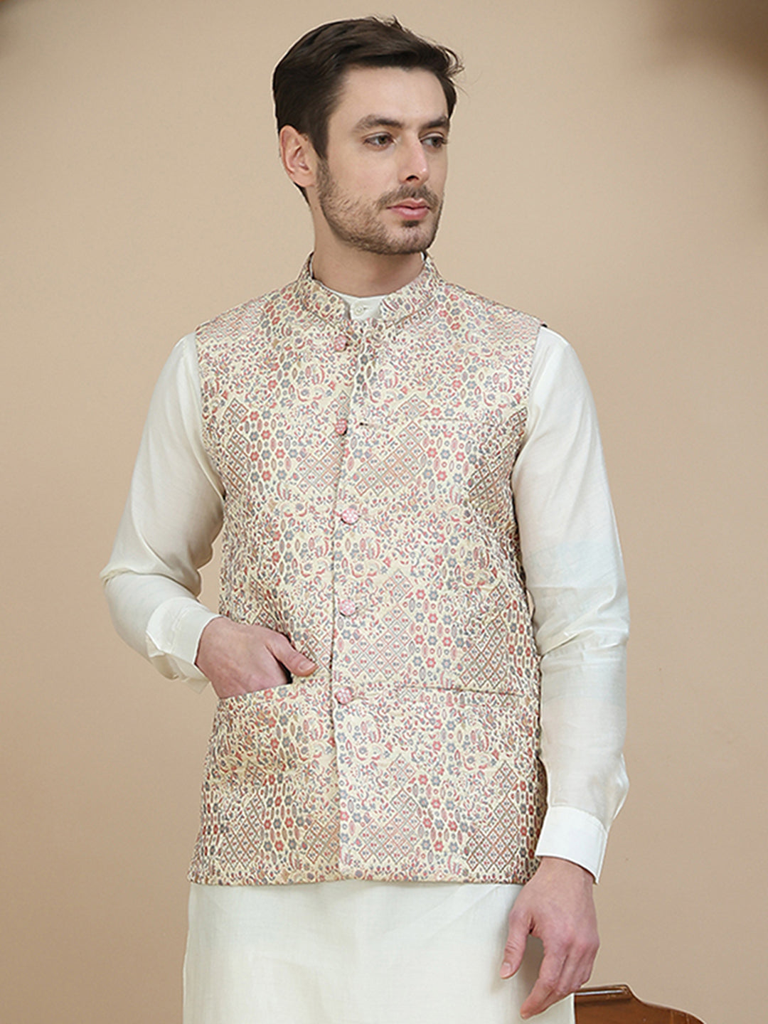 Woven Design Nehru Jacket For Men