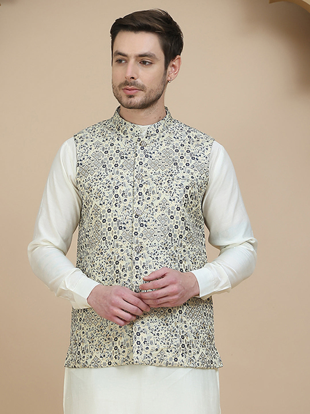 Woven Design Nehru Jacket For Men