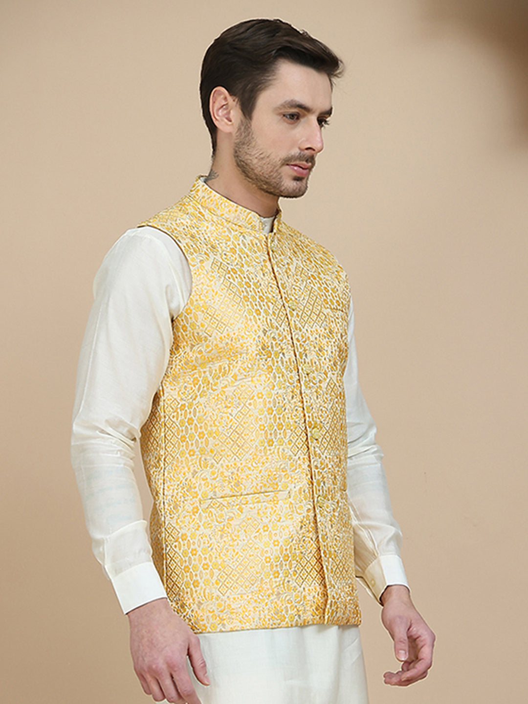 Woven Design Nehru Jacket For Men