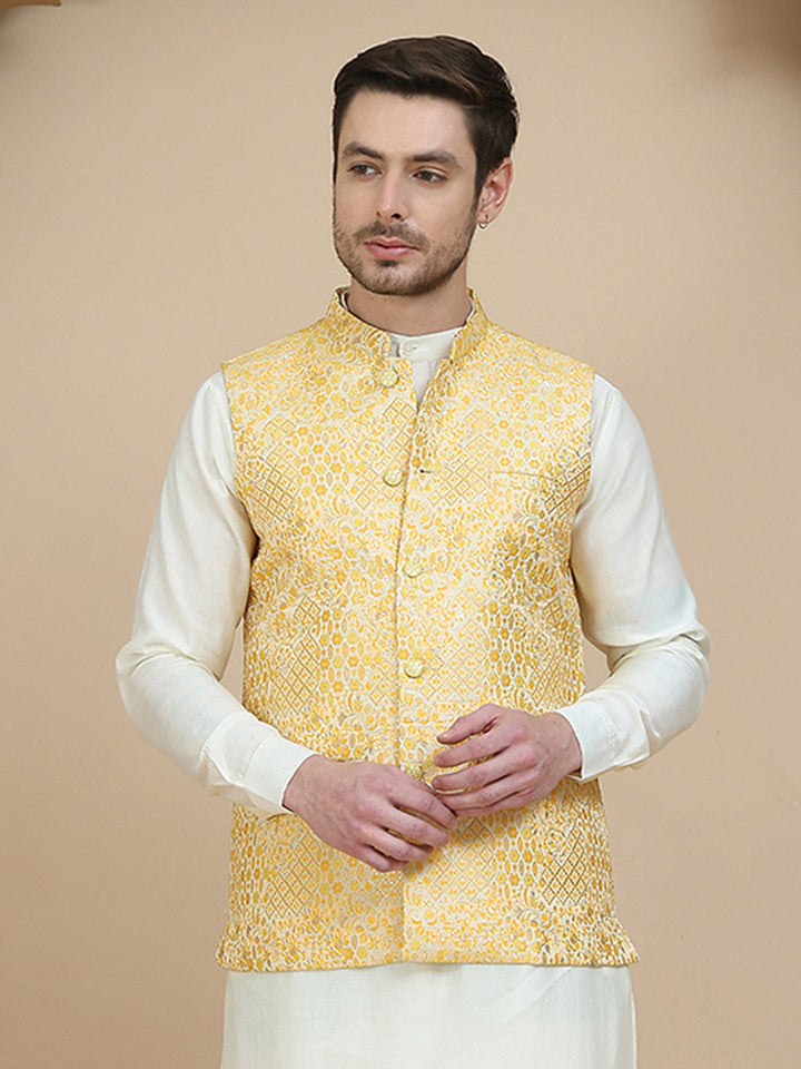 Woven Design Nehru Jacket For Men