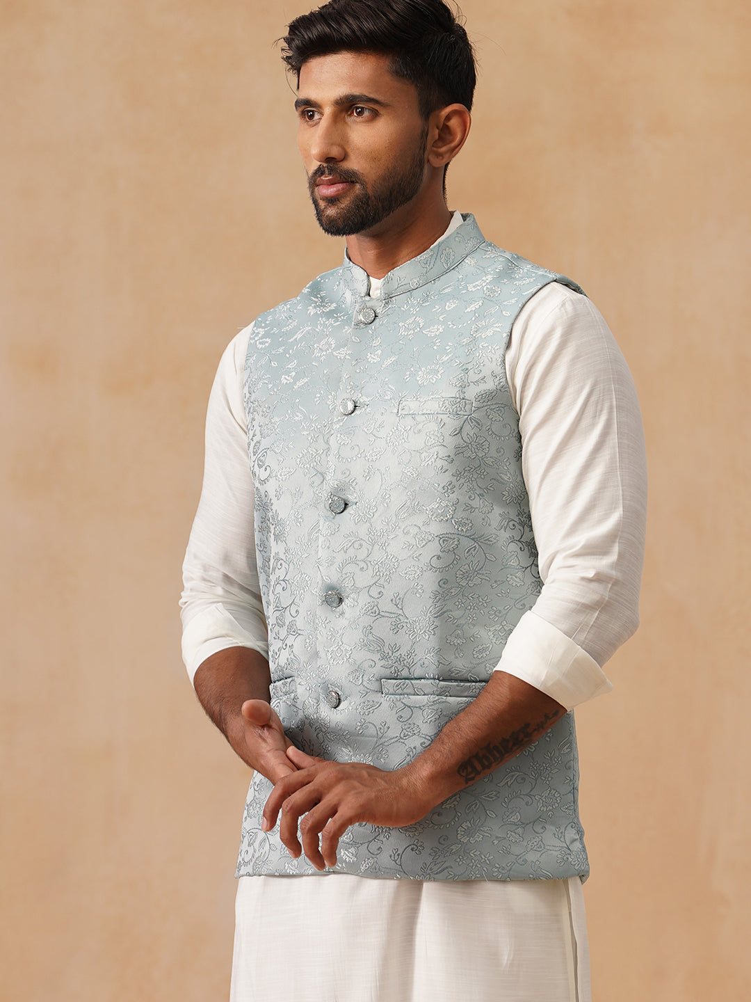 Woven Design Nehru Jacket For Men