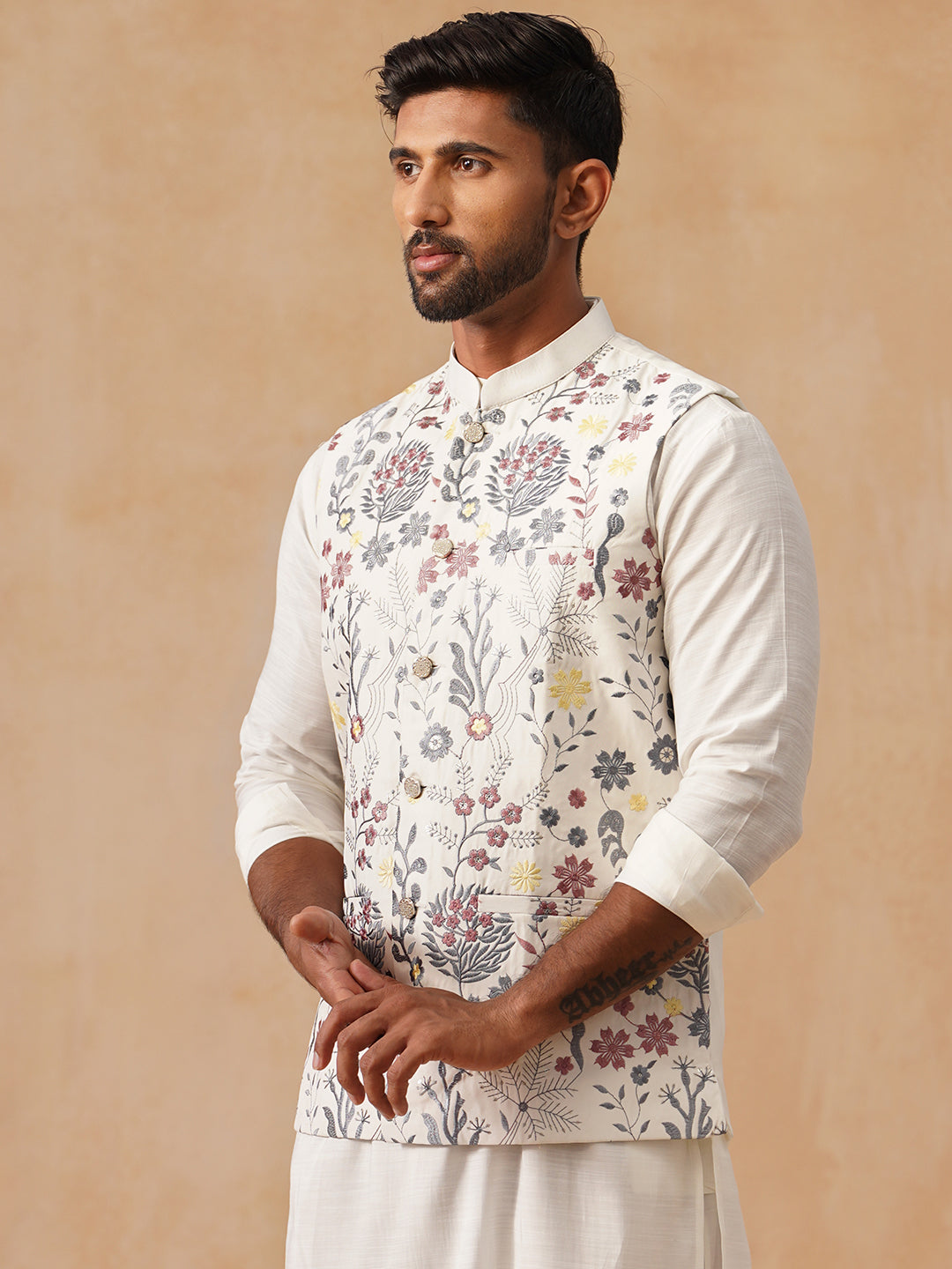 Floral Embroidered Silk Blend Nehru Jacket
