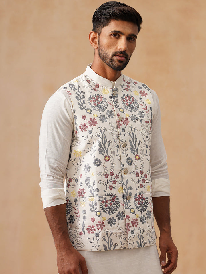 Floral Embroidered Silk Blend Nehru Jacket