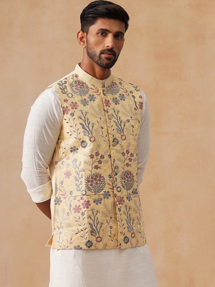 Floral Embroidered Silk Blend Nehru Jacket