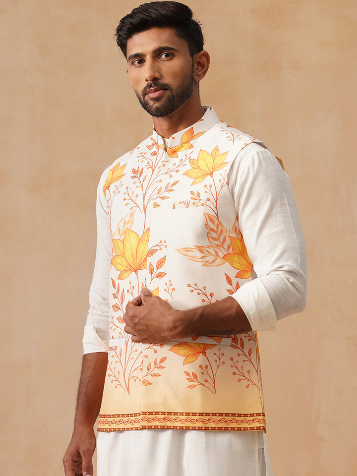 Floral Printed Silk Blend Nehru Jacket