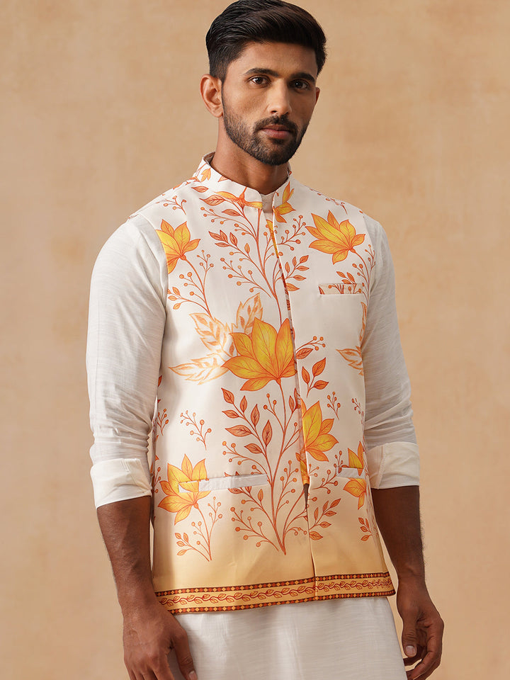 Floral Printed Silk Blend Nehru Jacket
