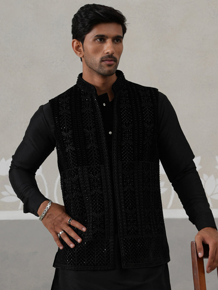 Black Embroidered Velvet Nehru Jacket For Men