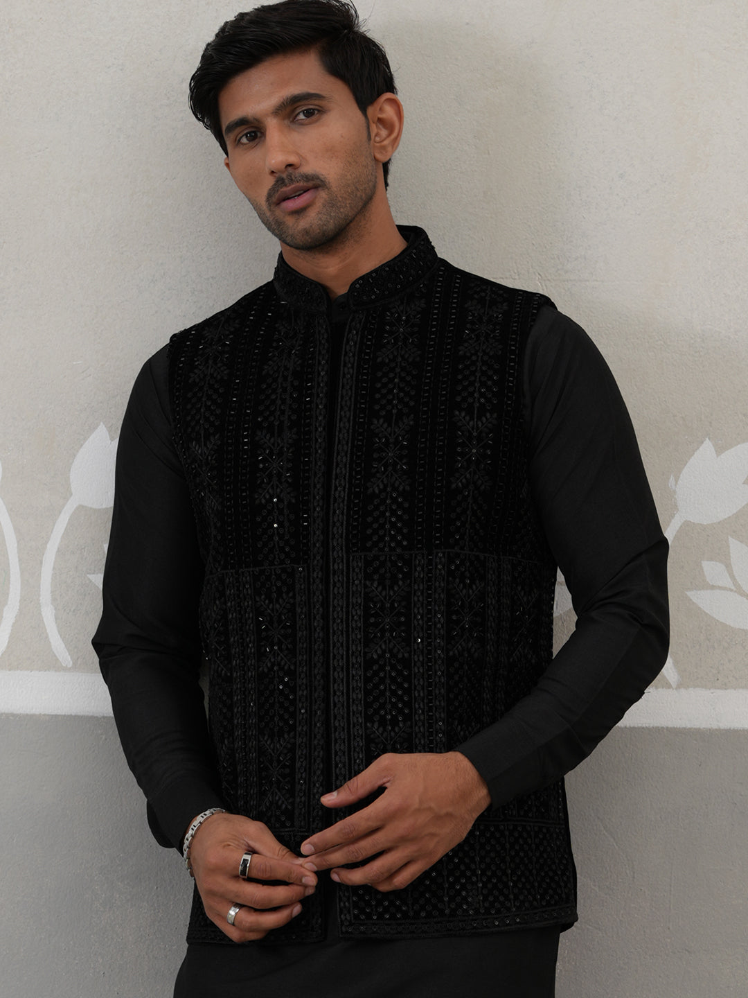 Black Embroidered Velvet Nehru Jacket For Men