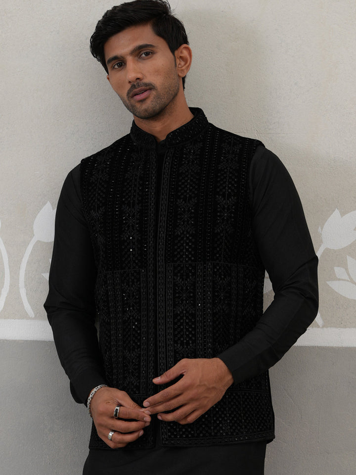 Black Embroidered Velvet Nehru Jacket For Men