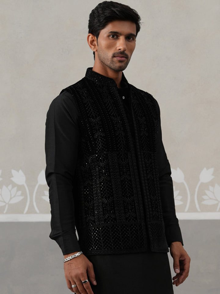 Black Embroidered Velvet Nehru Jacket For Men