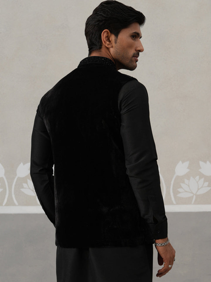 Black Embroidered Velvet Nehru Jacket For Men