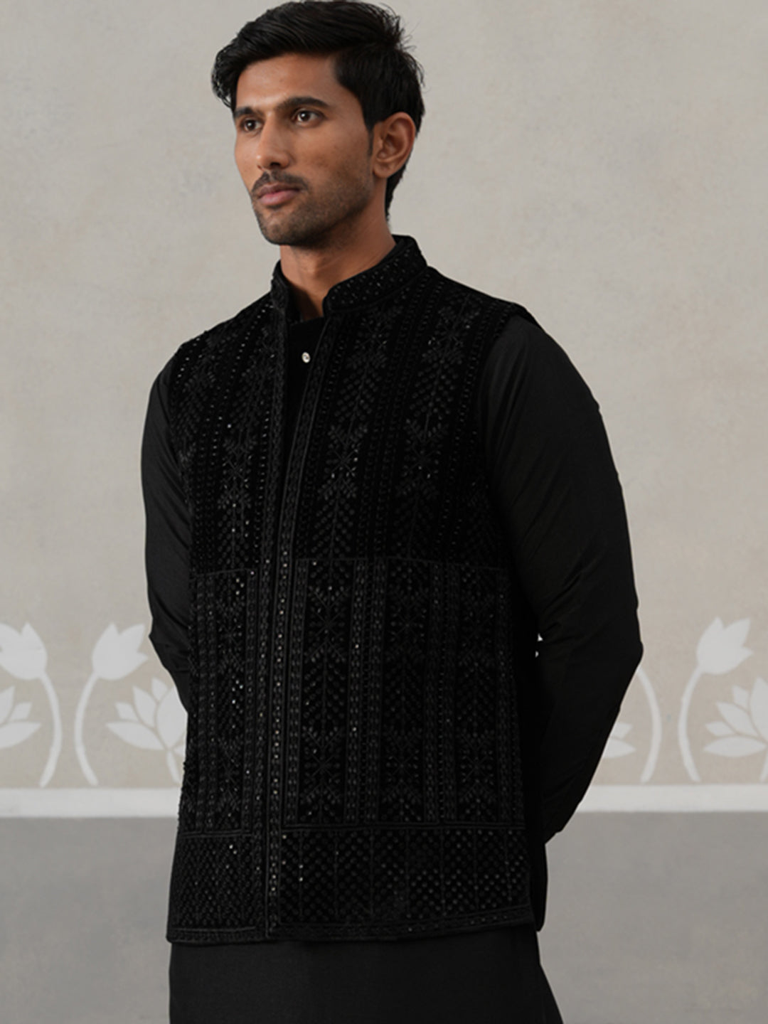 Black Embroidered Velvet Nehru Jacket For Men