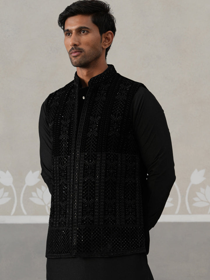 Black Embroidered Velvet Nehru Jacket For Men