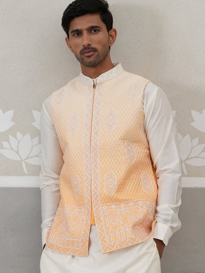 Orange Silk Blend Embroidered Nehru Jacket