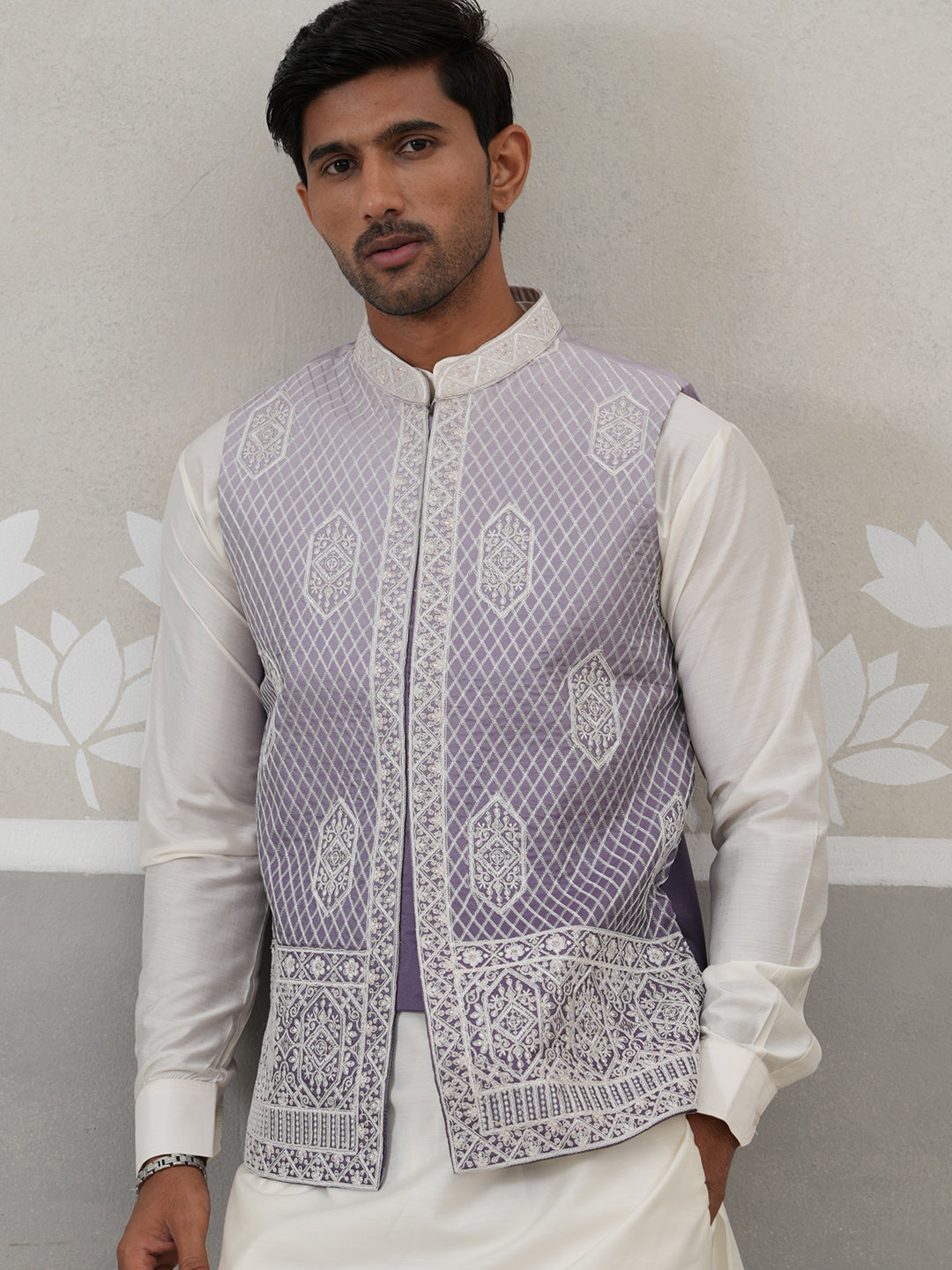 Purple Silk Blend Embroidered Nehru Jacket