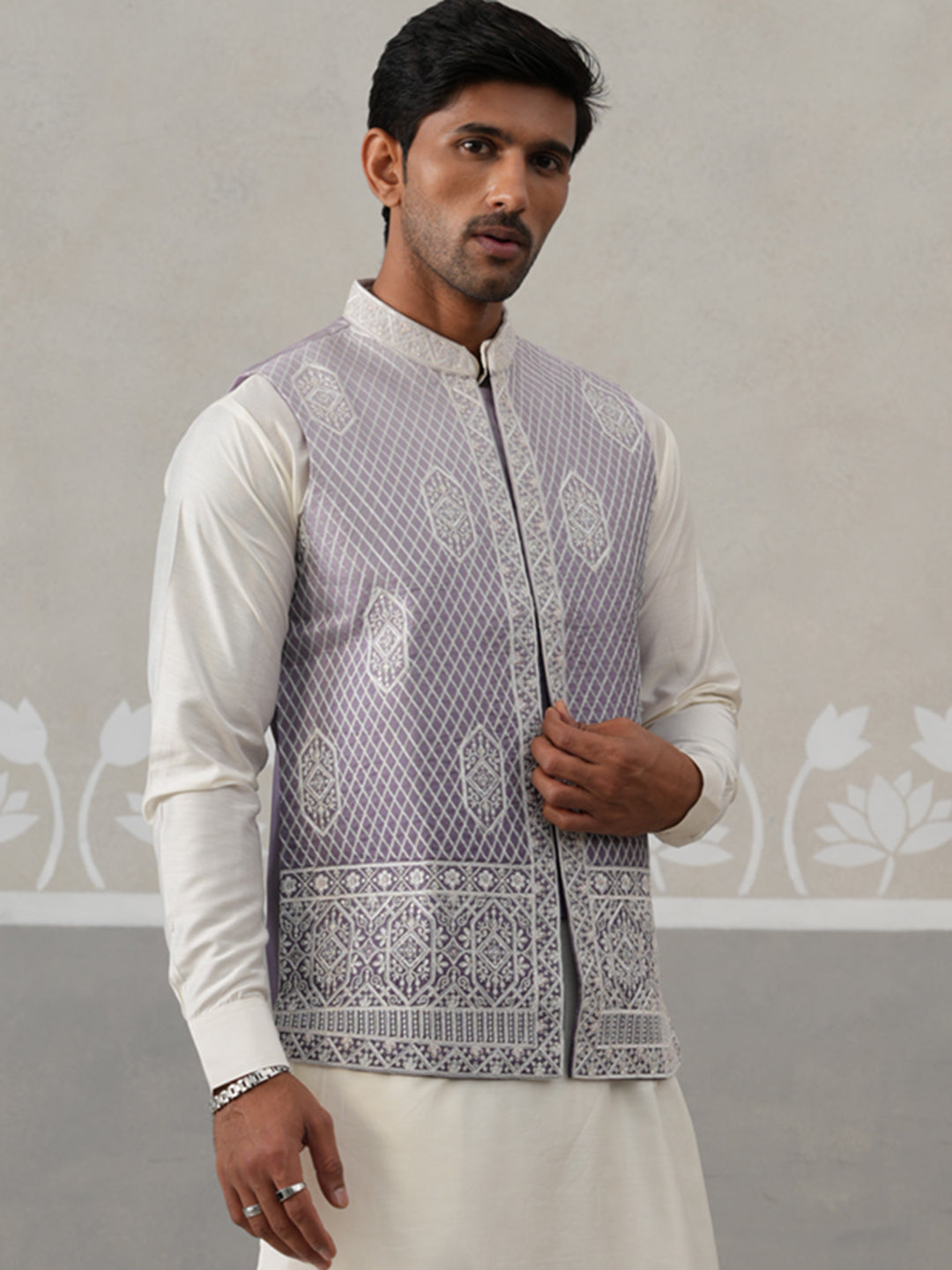 Purple Silk Blend Embroidered Nehru Jacket