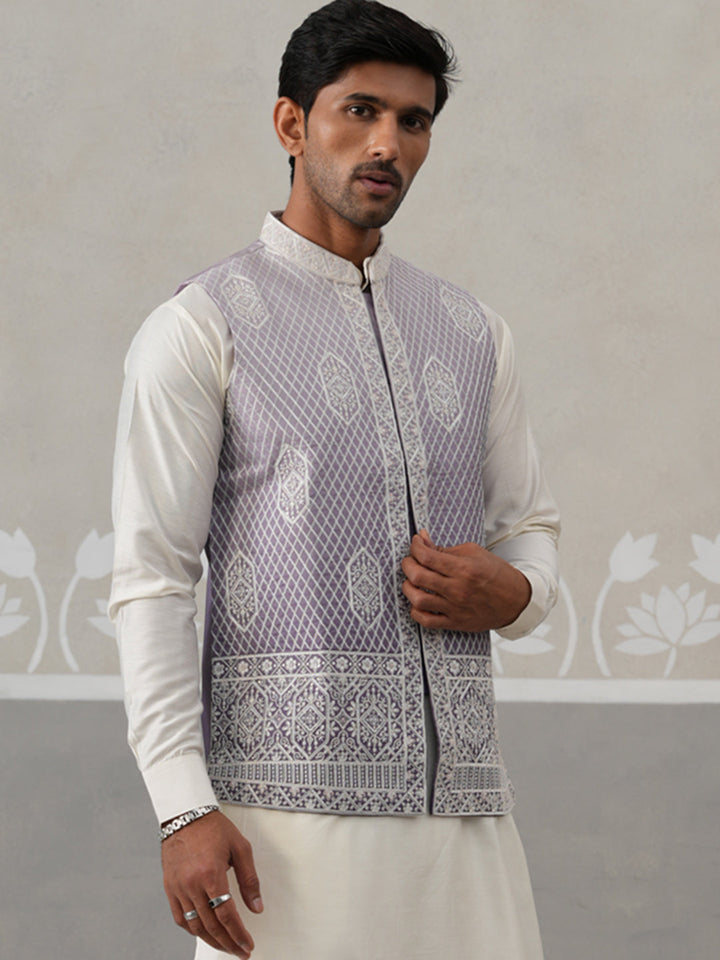 Purple Silk Blend Embroidered Nehru Jacket