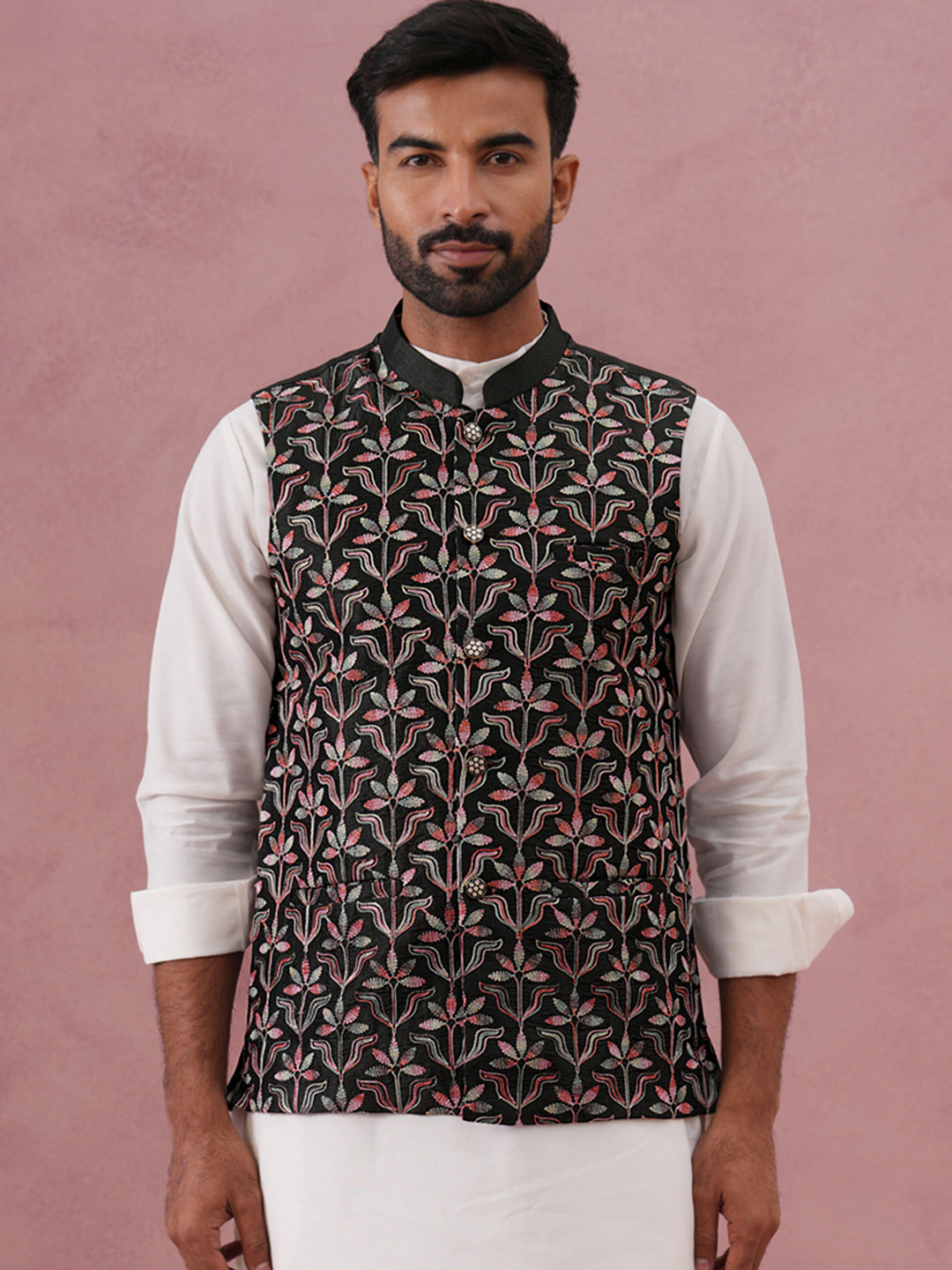 Floral Embroidered Silk Nehru Jacket