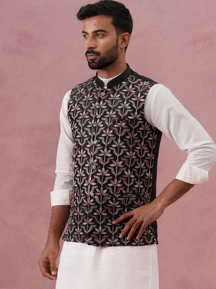Floral Embroidered Silk Nehru Jacket