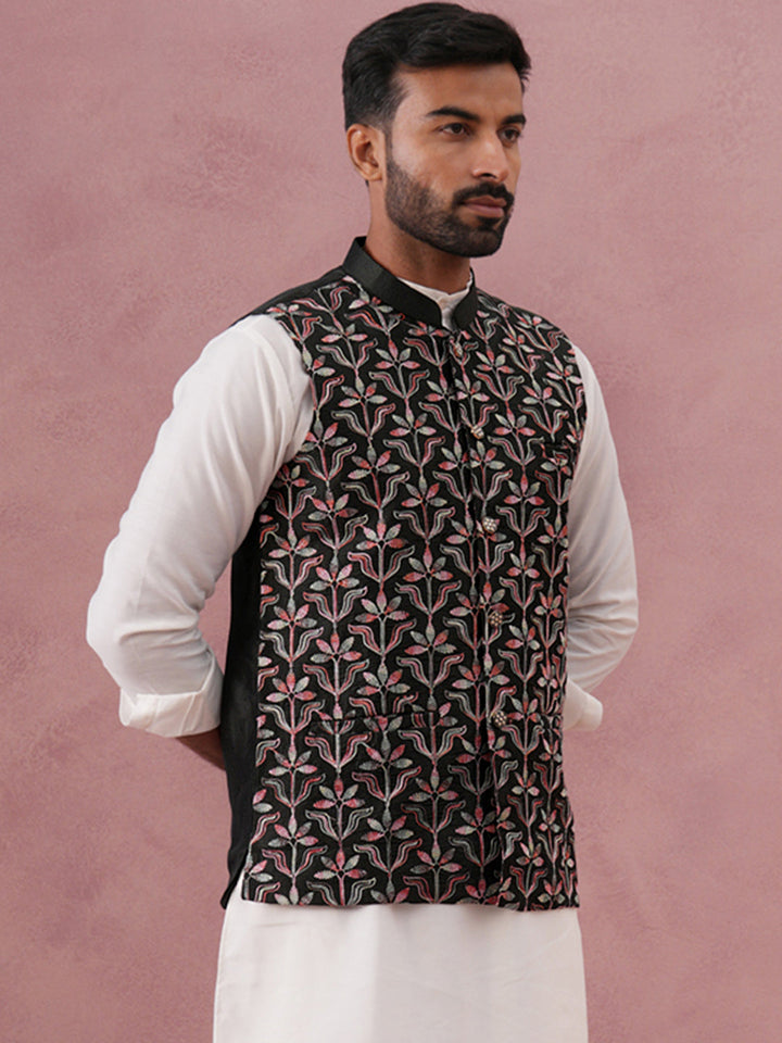 Floral Embroidered Silk Nehru Jacket