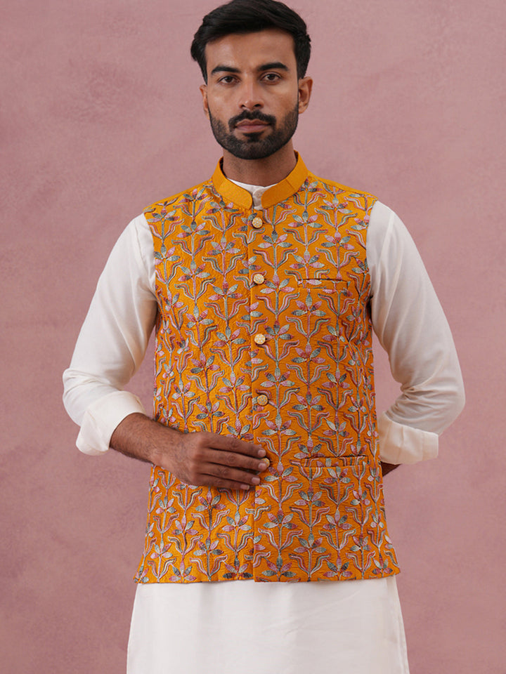 Floral Embroidered Silk Nehru Jacket