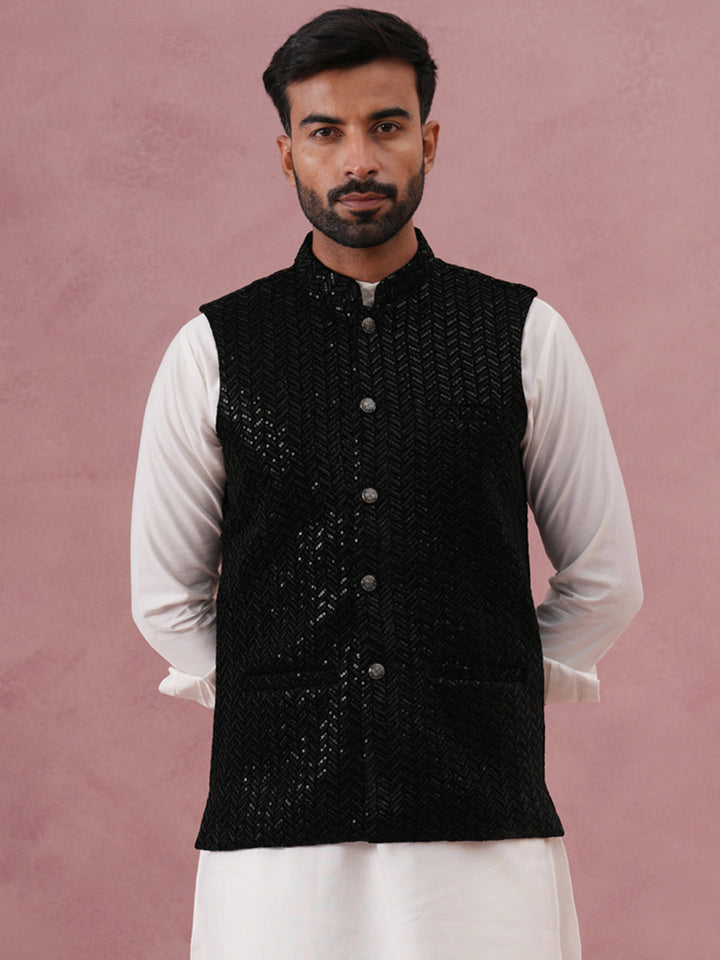 Men’S Velvet Sequin Work Nehru Jacket