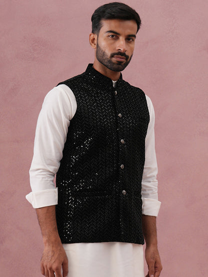 Men’S Velvet Sequin Work Nehru Jacket