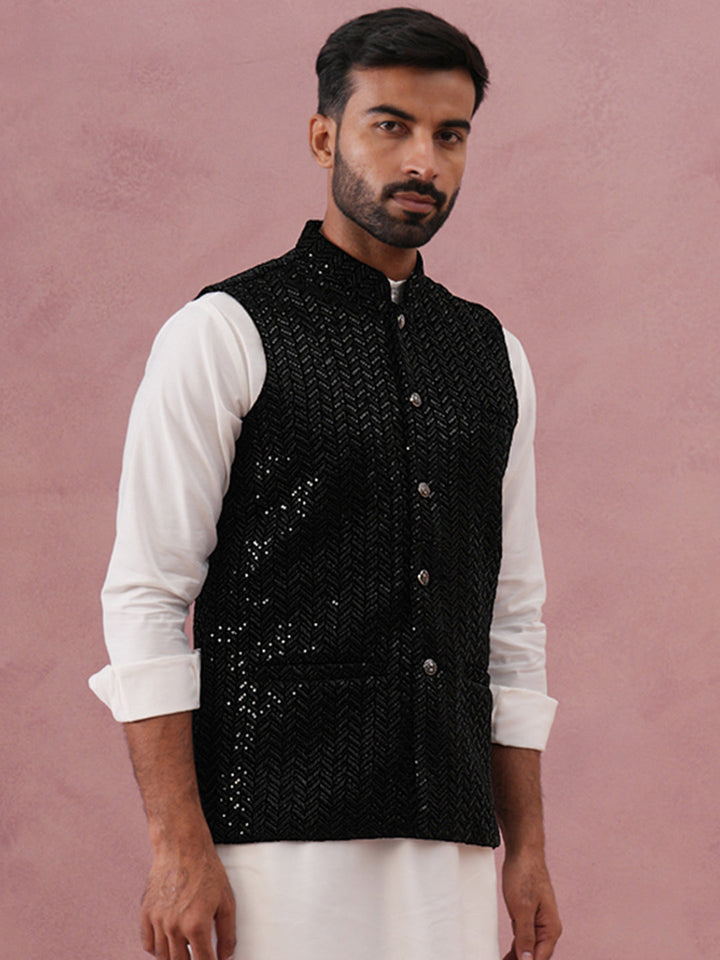 Men’S Velvet Sequin Work Nehru Jacket