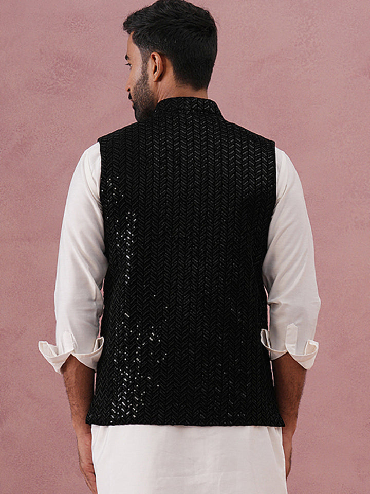 Men’S Velvet Sequin Work Nehru Jacket