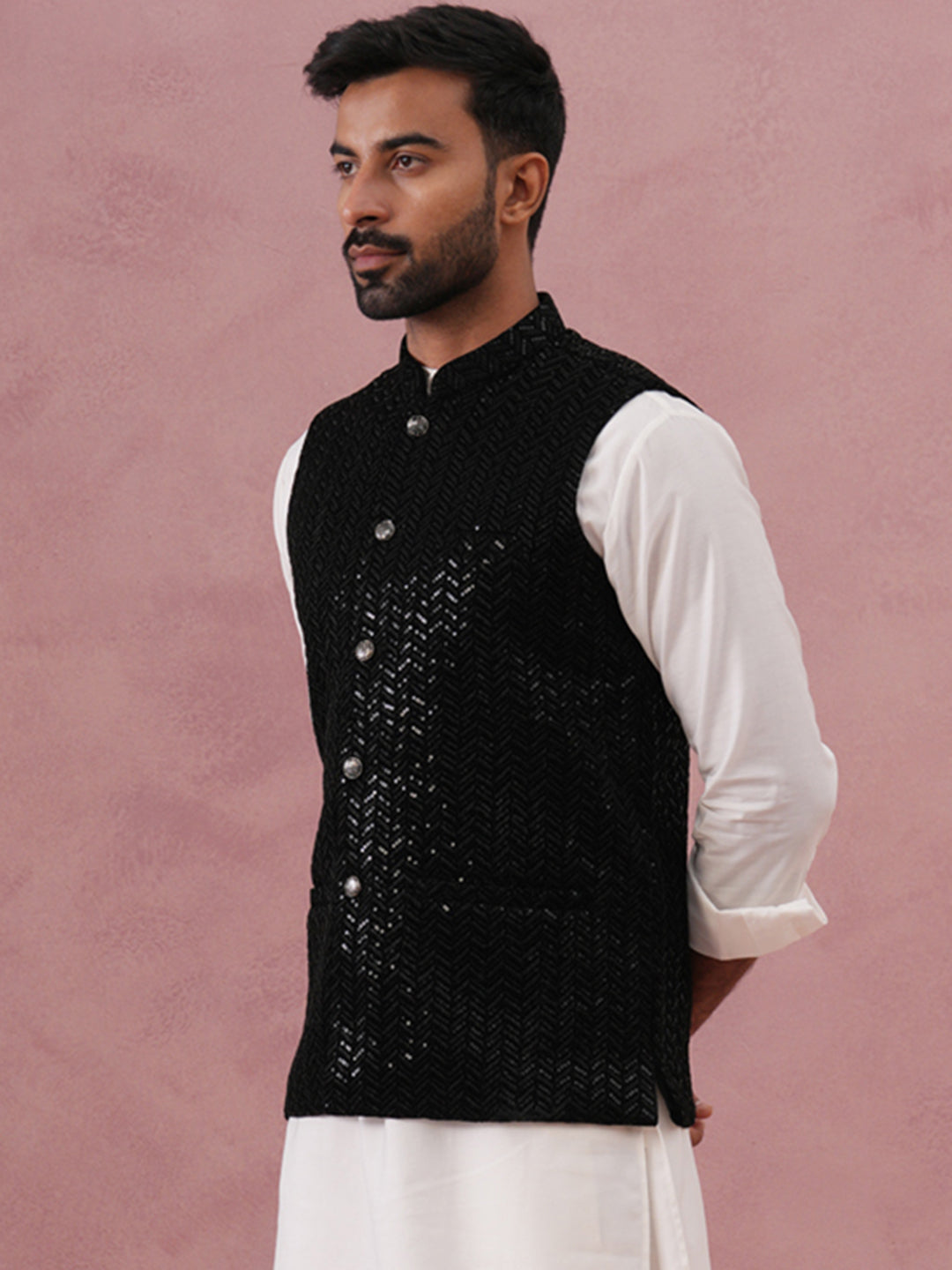 Men’S Velvet Sequin Work Nehru Jacket