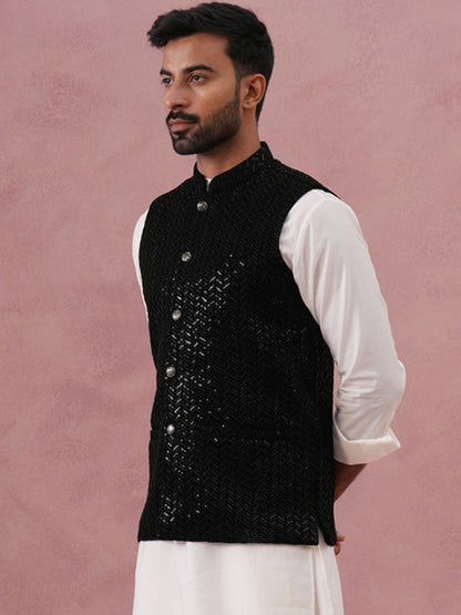 Men’S Velvet Sequin Work Nehru Jacket
