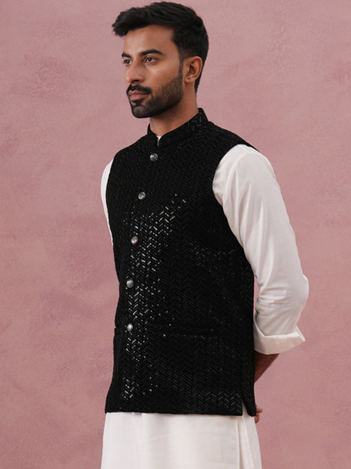 Men’S Velvet Sequin Work Nehru Jacket