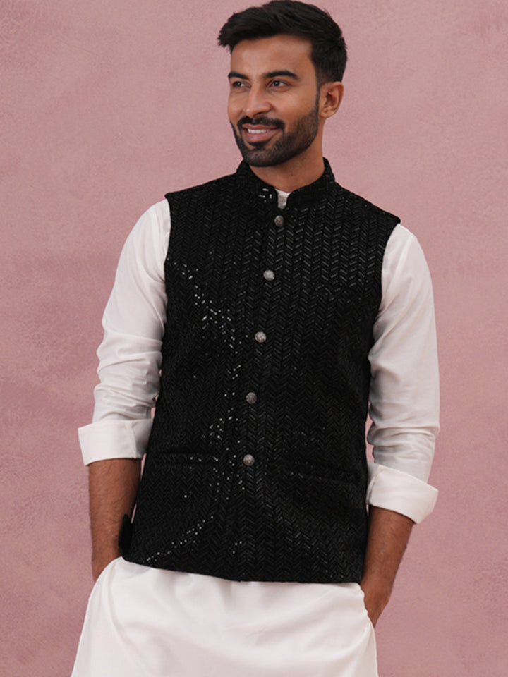Men’S Velvet Sequin Work Nehru Jacket