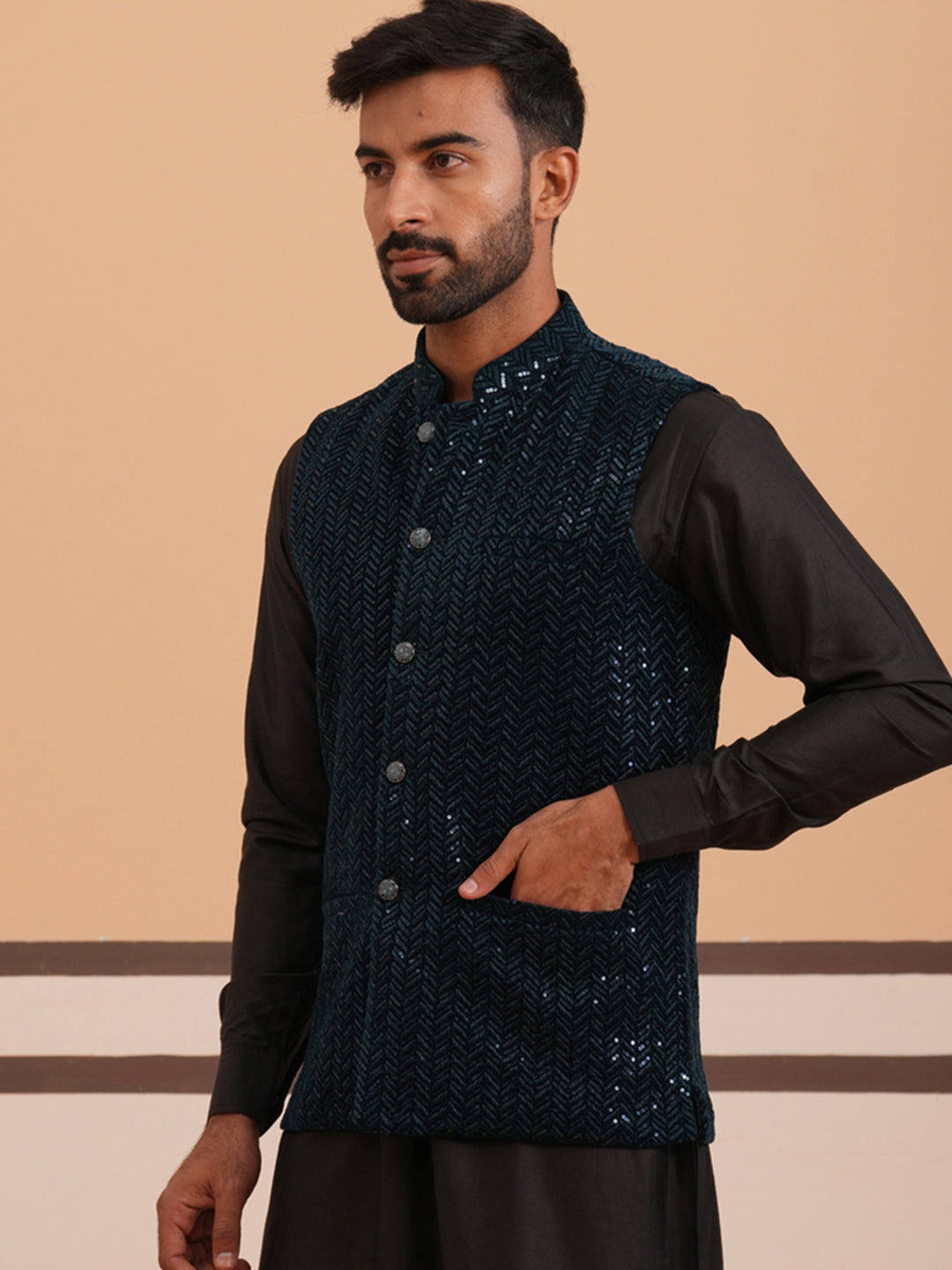 Men’S Velvet Sequin Work Nehru Jacket