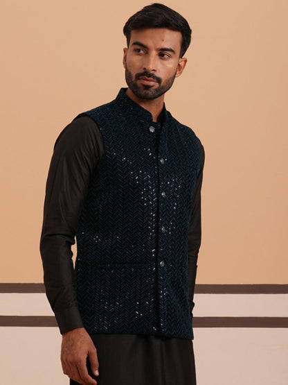 Men’S Velvet Sequin Work Nehru Jacket