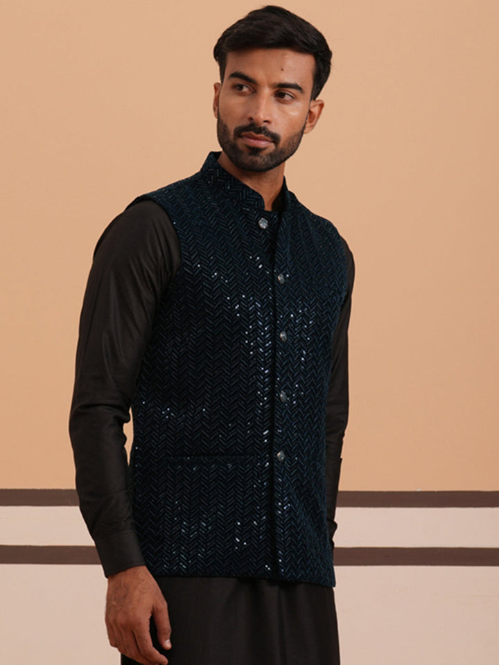 Men’S Velvet Sequin Work Nehru Jacket