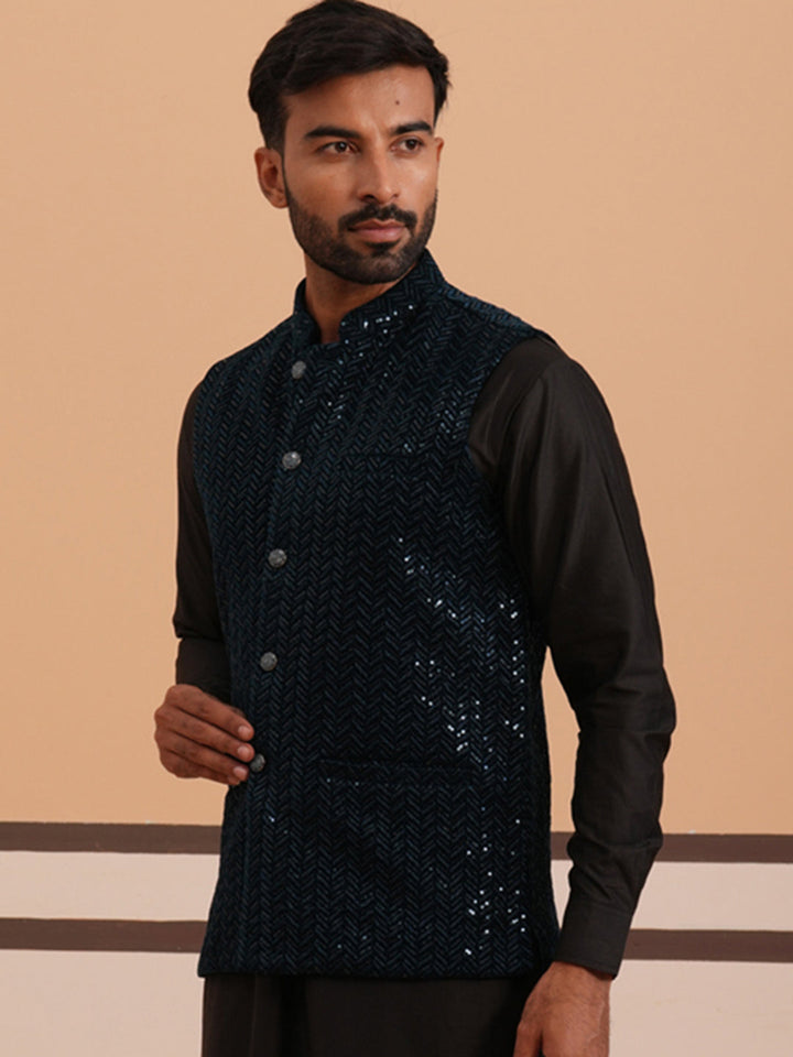 Men’S Velvet Sequin Work Nehru Jacket