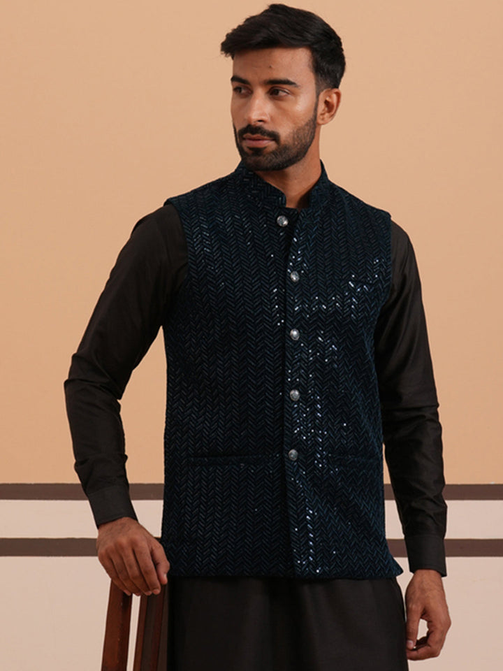 Men’S Velvet Sequin Work Nehru Jacket
