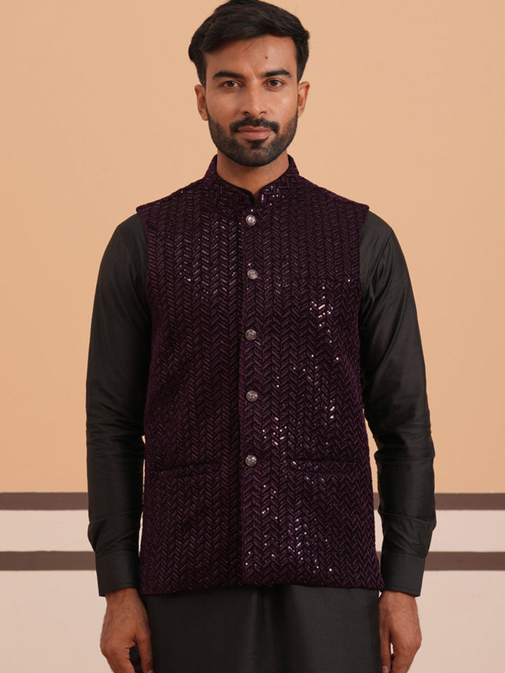 Men’S Velvet Sequin Work Nehru Jacket