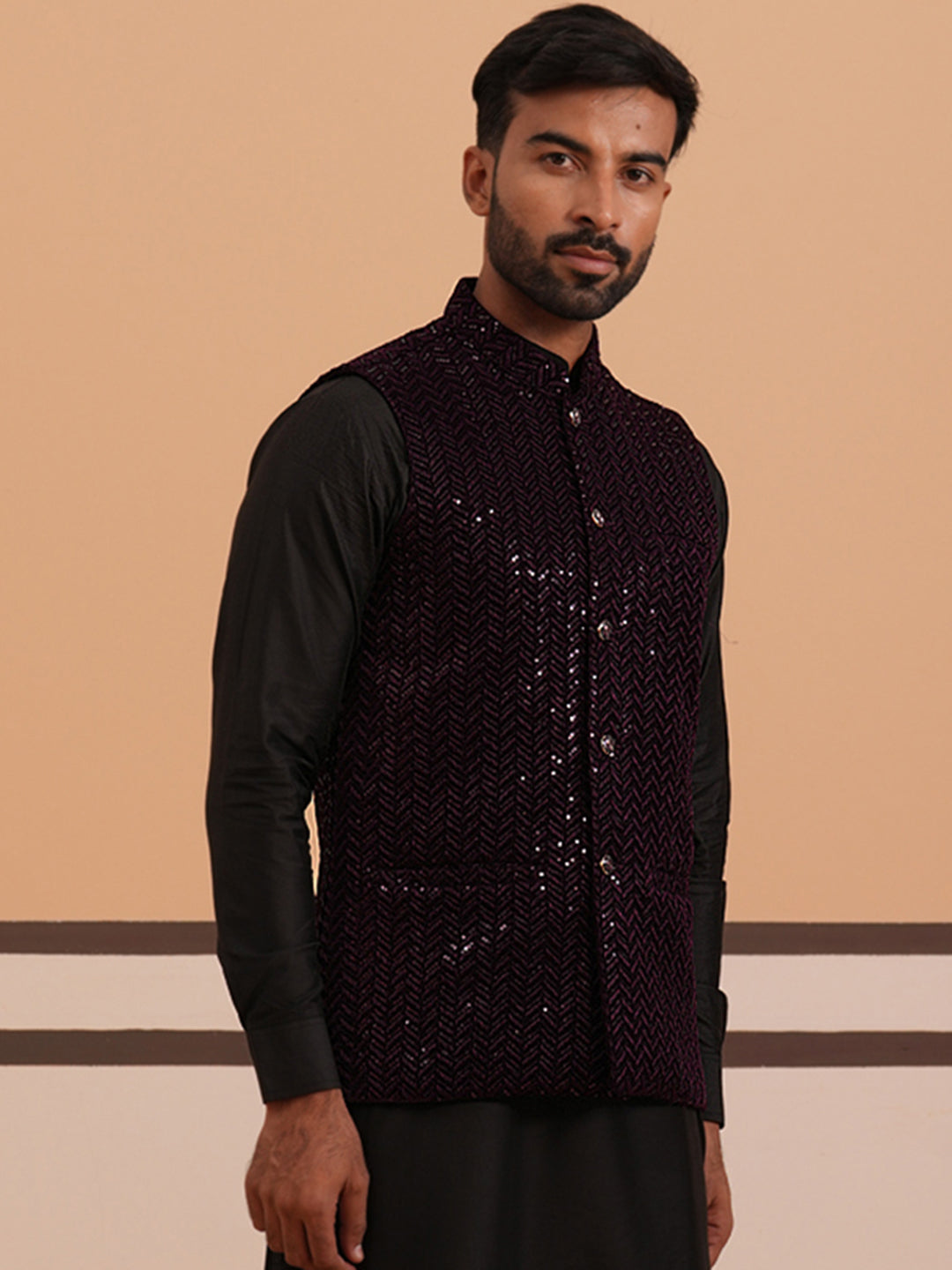 Men’S Velvet Sequin Work Nehru Jacket