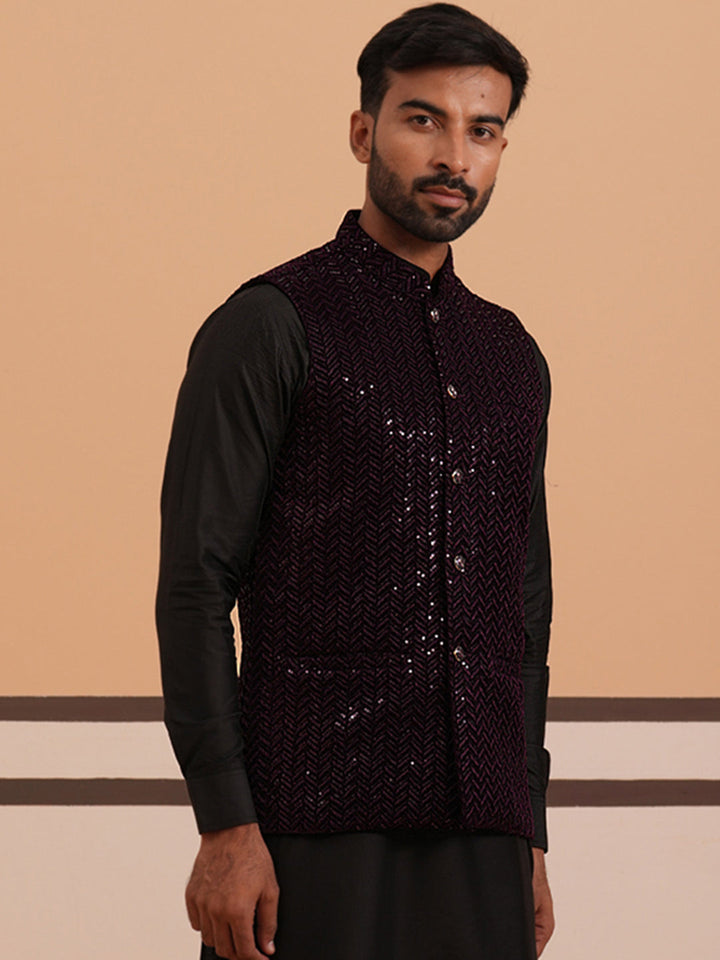 Men’S Velvet Sequin Work Nehru Jacket