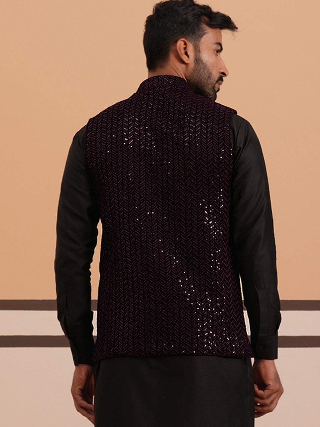Men’S Velvet Sequin Work Nehru Jacket