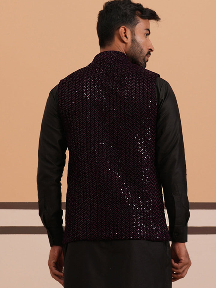 Men’S Velvet Sequin Work Nehru Jacket