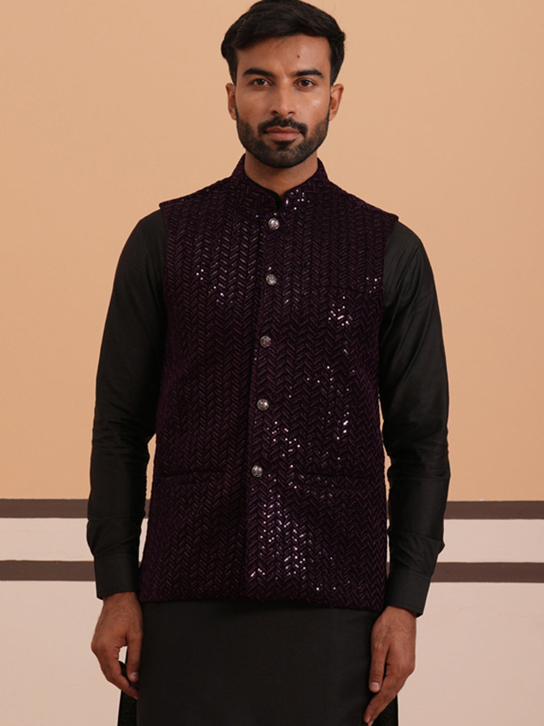 Men’S Velvet Sequin Work Nehru Jacket