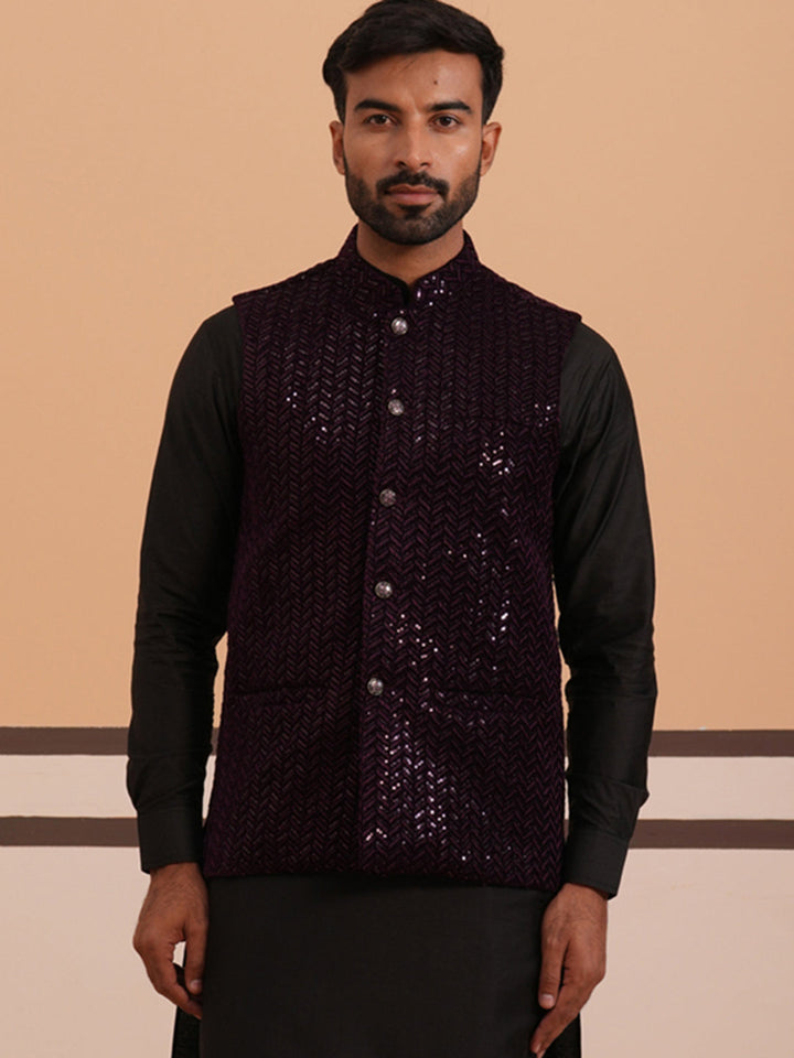 Men’S Velvet Sequin Work Nehru Jacket