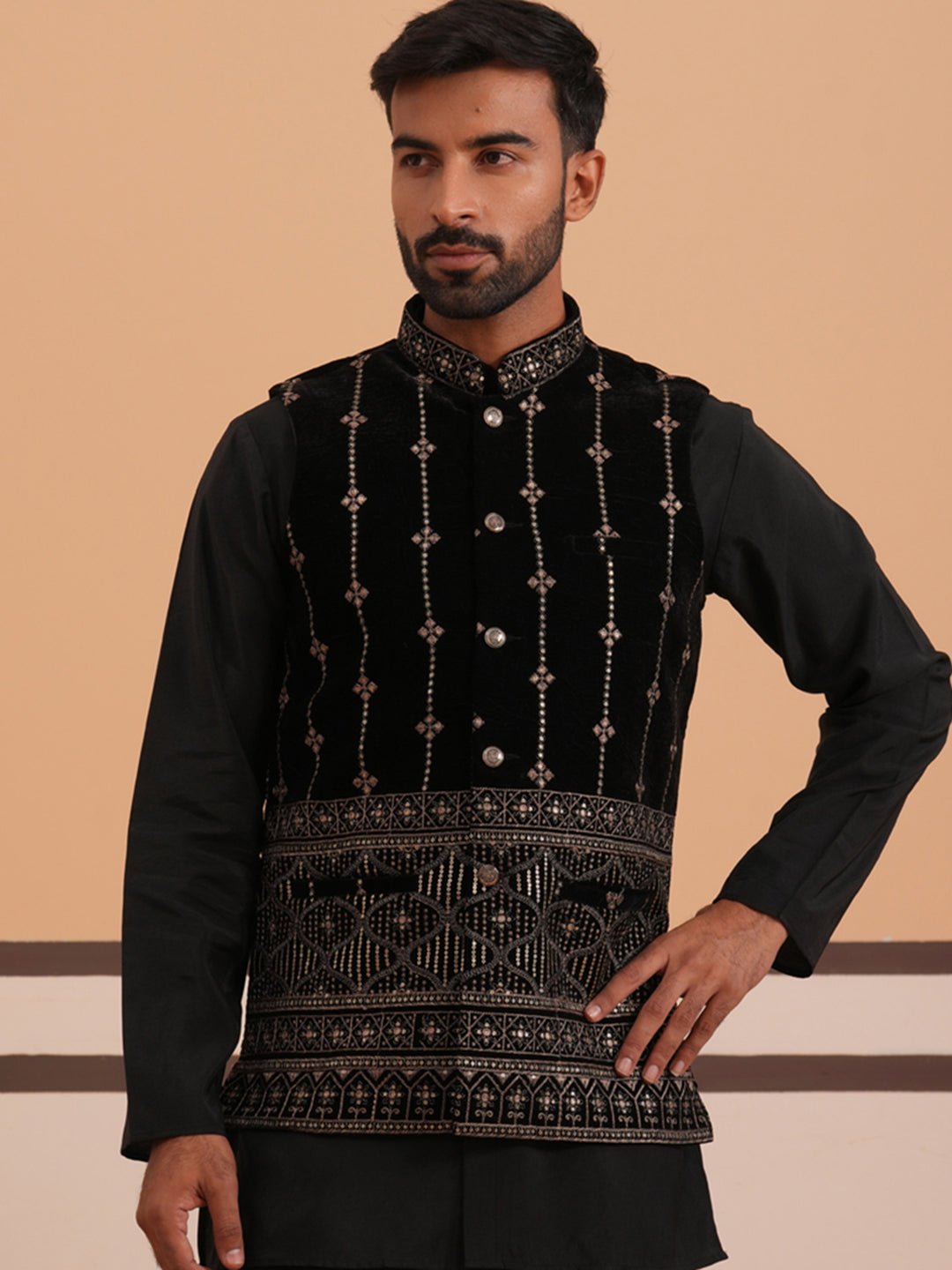 Velvet Sequin Embroidered Nehru Jacket