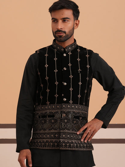 Velvet Sequin Embroidered Nehru Jacket