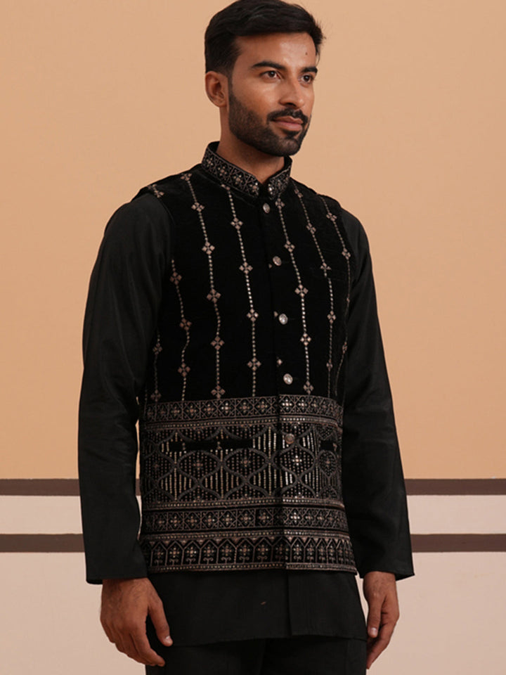 Velvet Sequin Embroidered Nehru Jacket