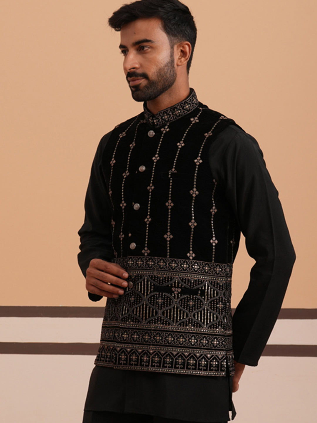 Velvet Sequin Embroidered Nehru Jacket