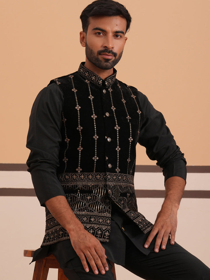 Velvet Sequin Embroidered Nehru Jacket